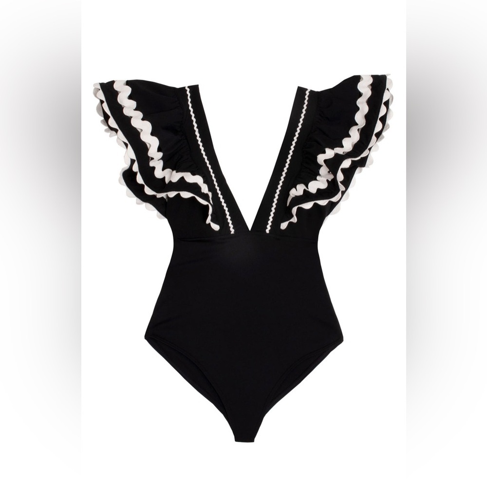 Sea New York Black Ric Rac Ruffles Ryleigh One Piece Swimsuit Small